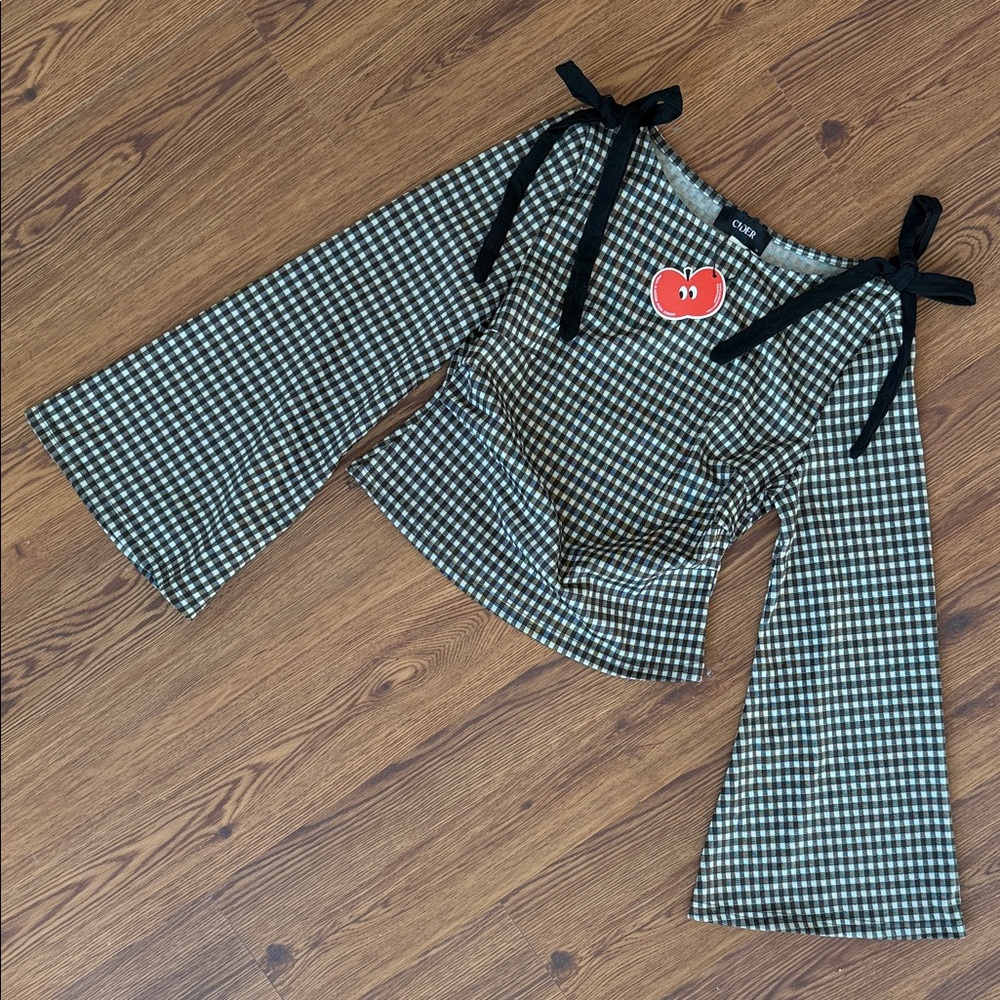 Cider Black and White Gingham Tie-Shoulder Bell Sleeve Top
